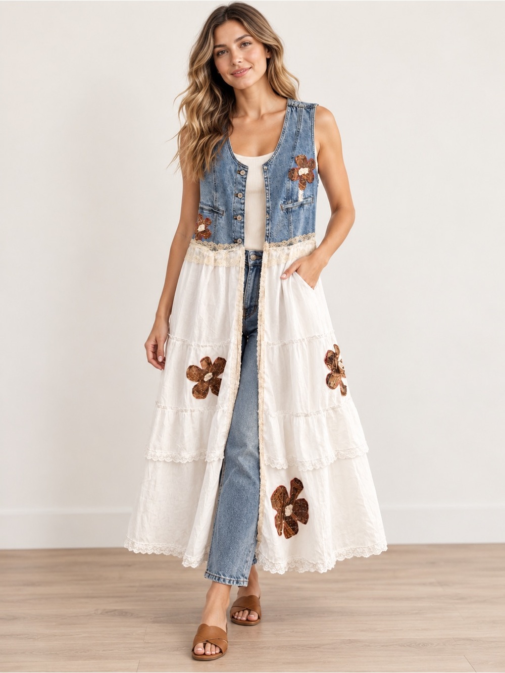 Denim Lace Duster Vest Hand Painted Floral Applique Boho Longline